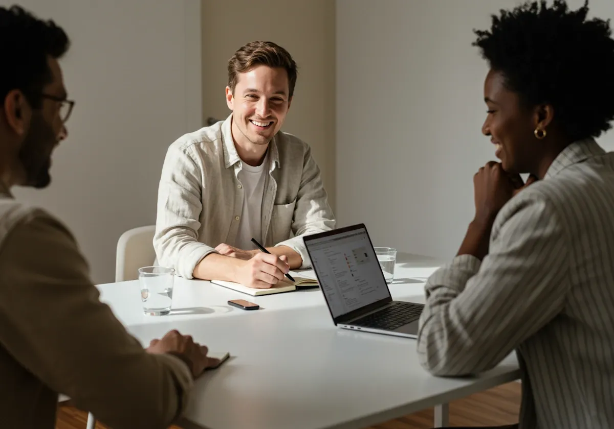 Three business owners laughing together around a table