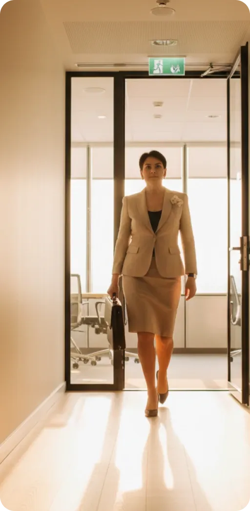 An accountant walking into a bright office